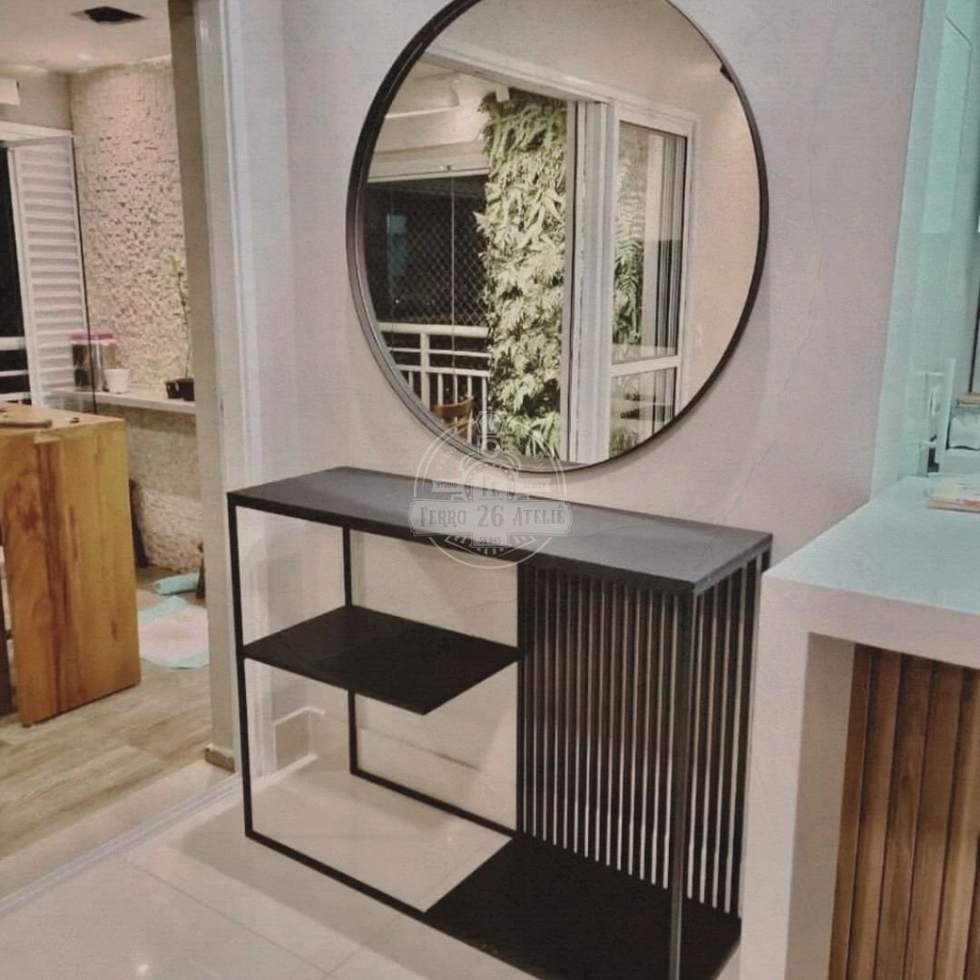 Aparador Hall Entrada com Espelho - Móvel Conceitual Aço Preto